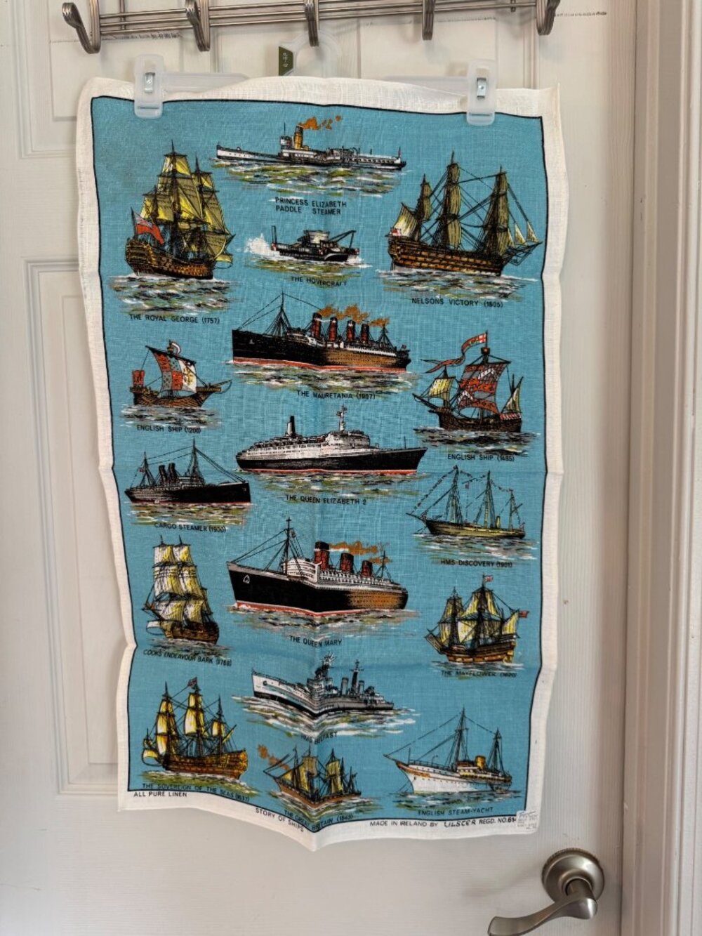 Story Of Ships Vintage Linen Tea Towel Ulster Ireland 30x19 Blue Nautical Theme - Picture 14 of 14